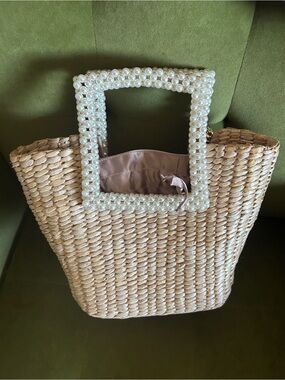 Zara Pearl-Trim Straw Crossbody Tote in Natural and Ivory